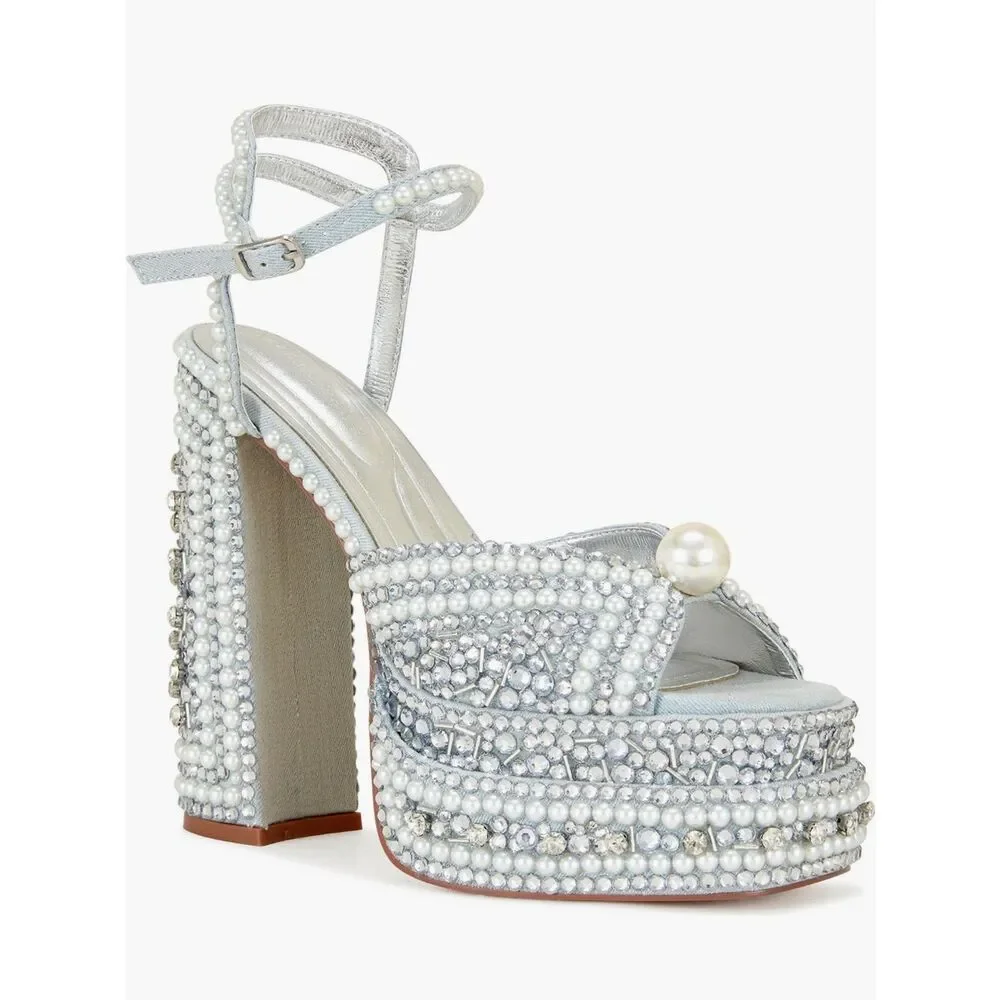 Azalea Wang SomethingBlue Pearl and Rhinestone Ornamented  Sandals NWT $170